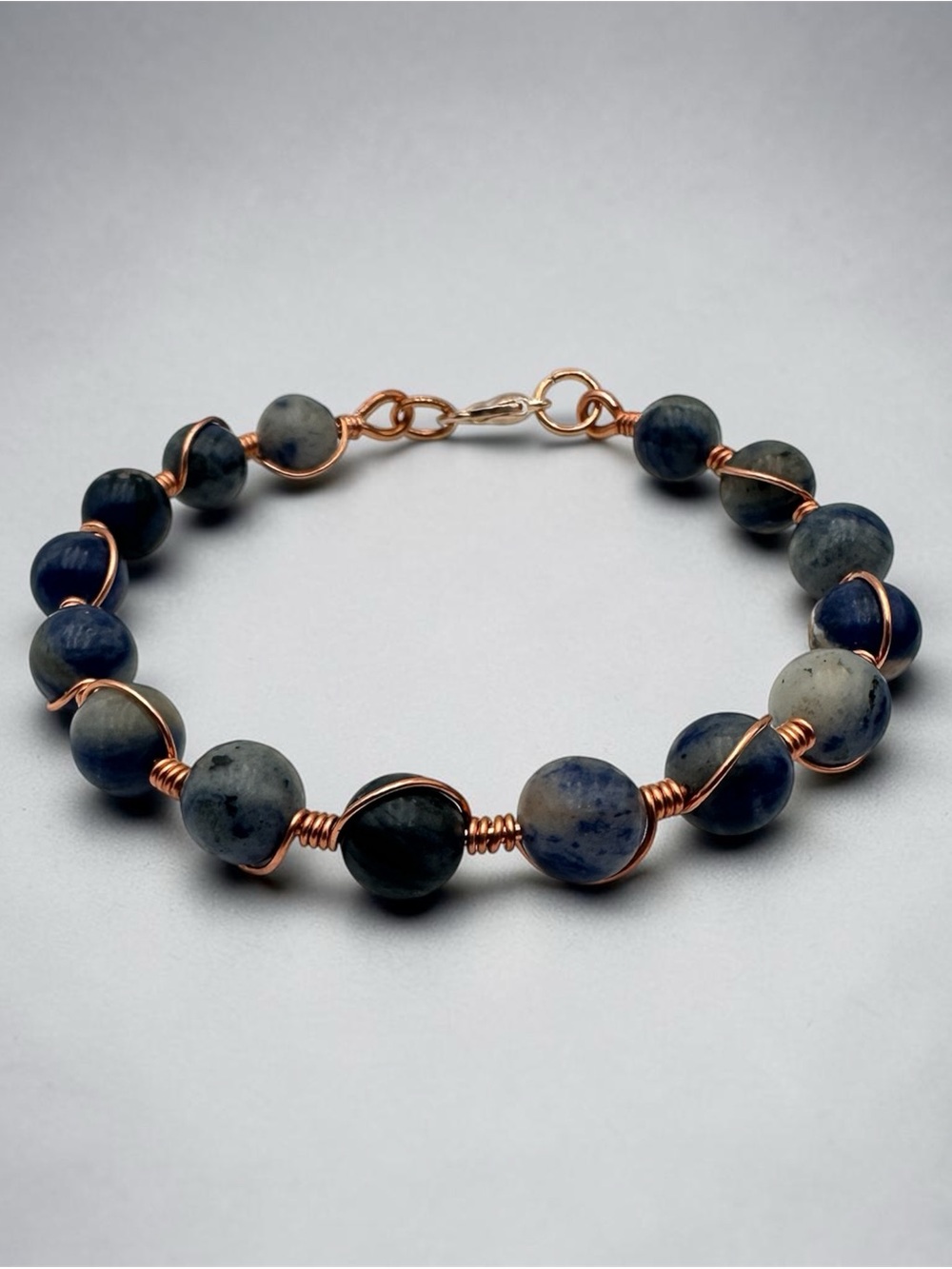 Blue Sodalite Beaded Bracelet with Copper Wire Wrap – Handmade Jewelry